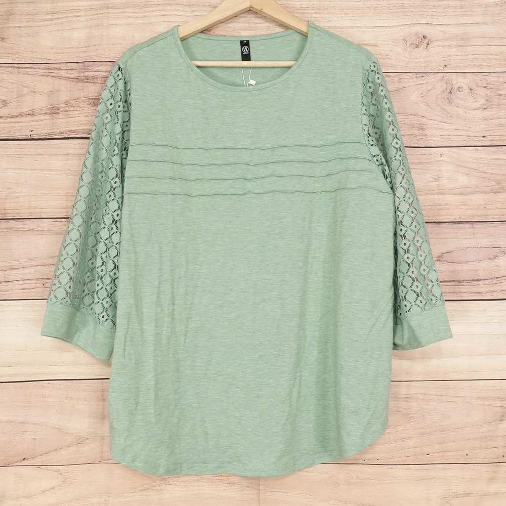 New! Automet T-Shirt Womens XL Green Crew Neck 3/4 Sleeve Crochet Tunic Top